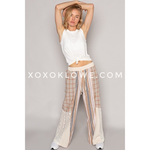 POL Cream Tan Plaid + Stripes Lace Leg Drawstring Pants - Picture 3 of 15